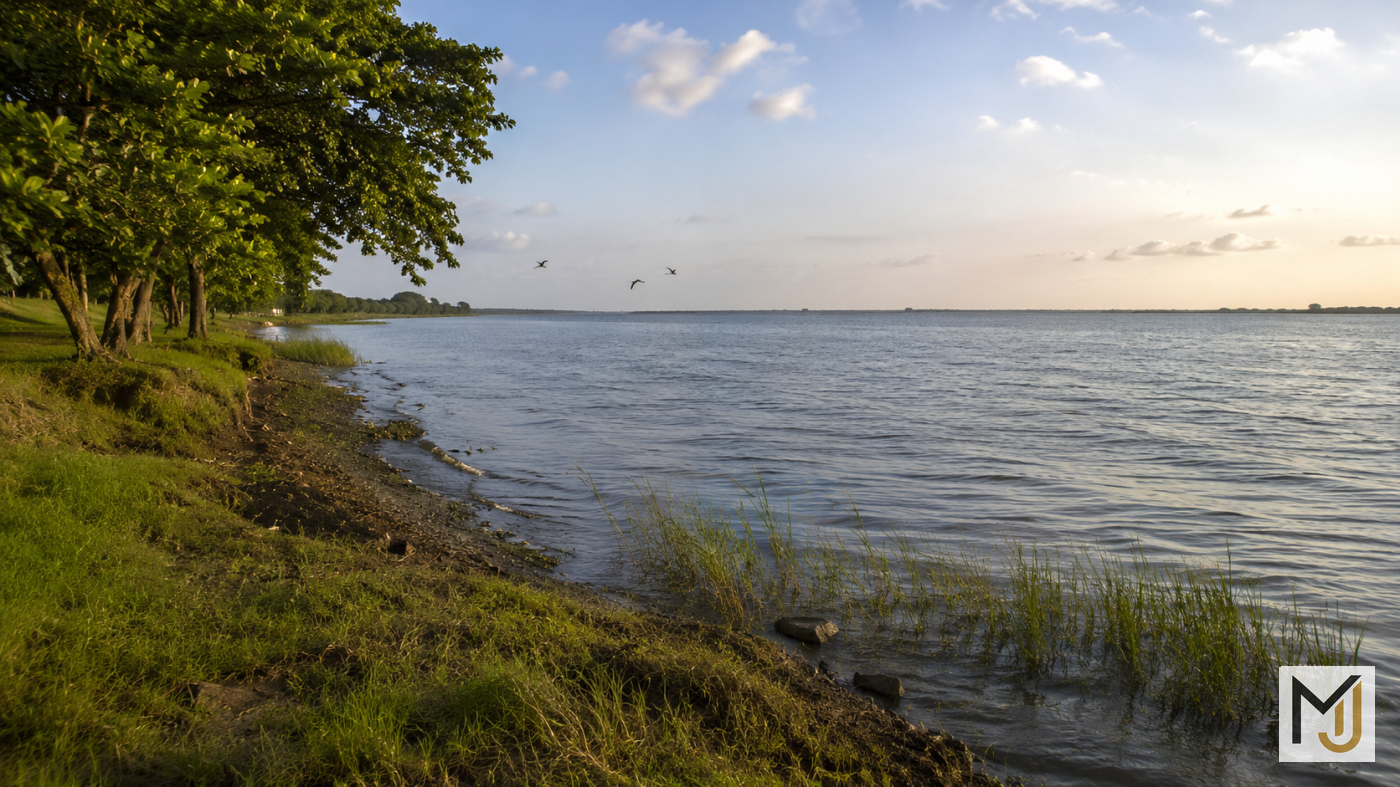Wide scenic view of Veeranam Lake and its rural surroundings in Tamil Nadu