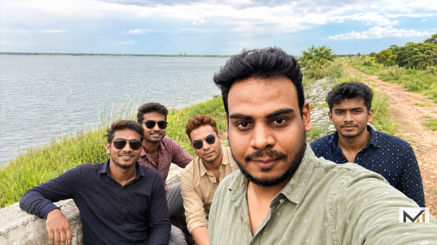 Fun group travel selfie on a lake using the user’s photo reference